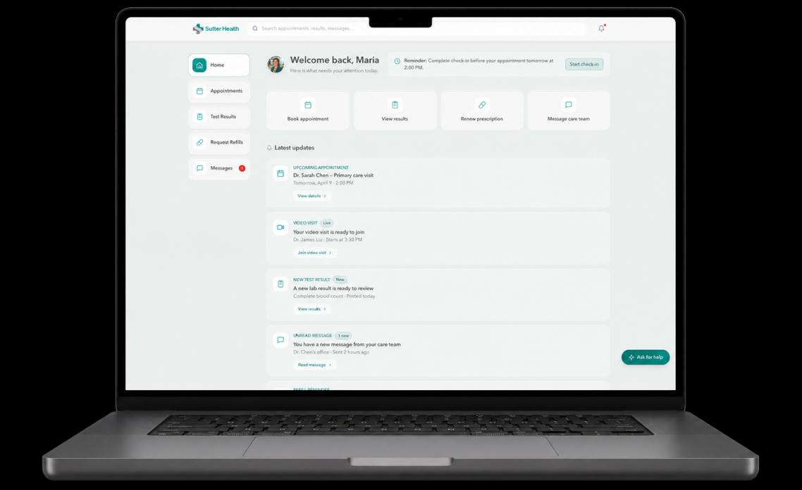 The redesigned patient portal on desktop