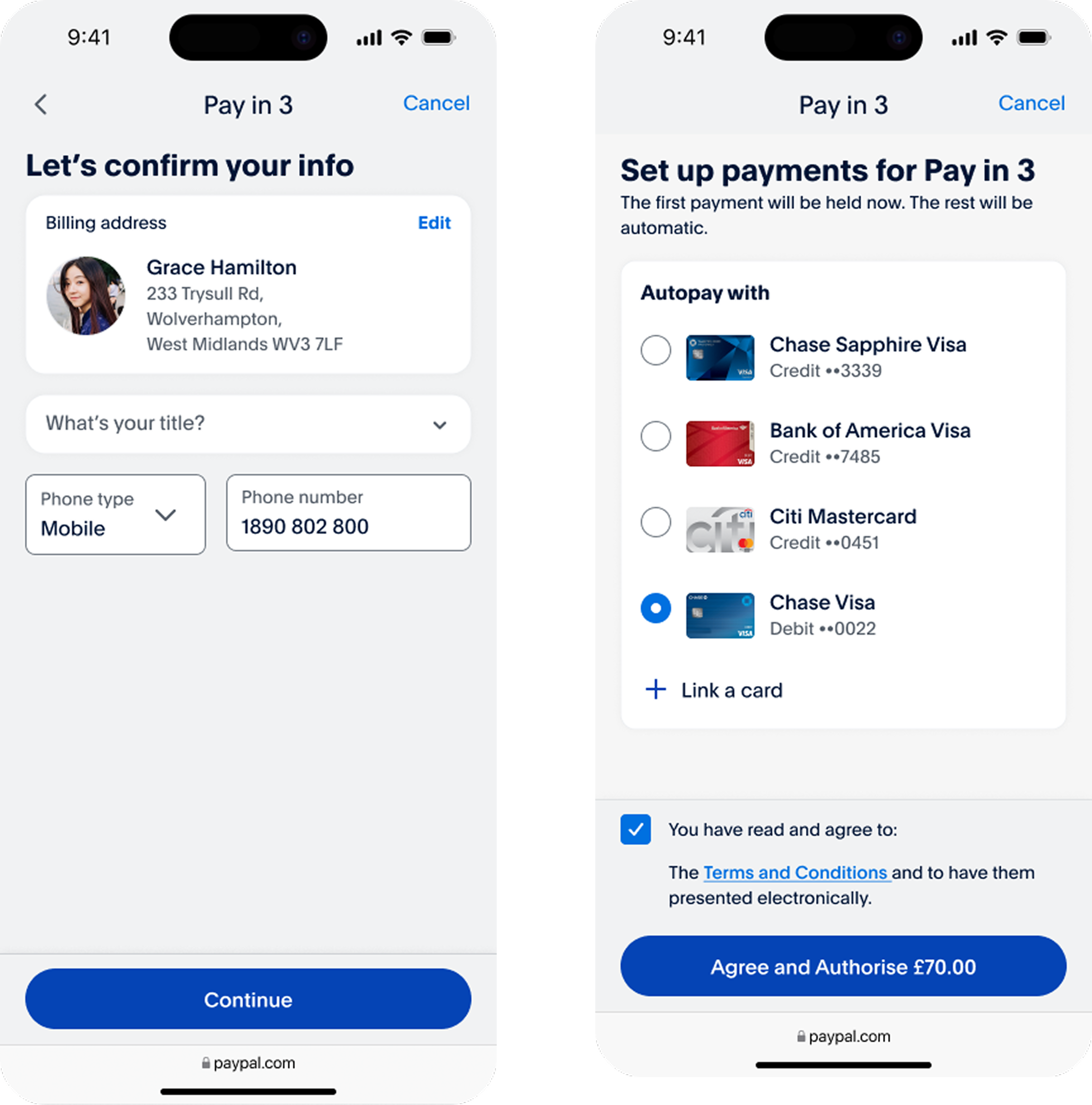 Pay in 3 UK application screens