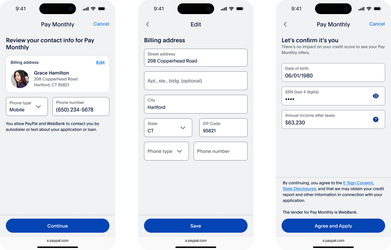 Pay Monthly application screens