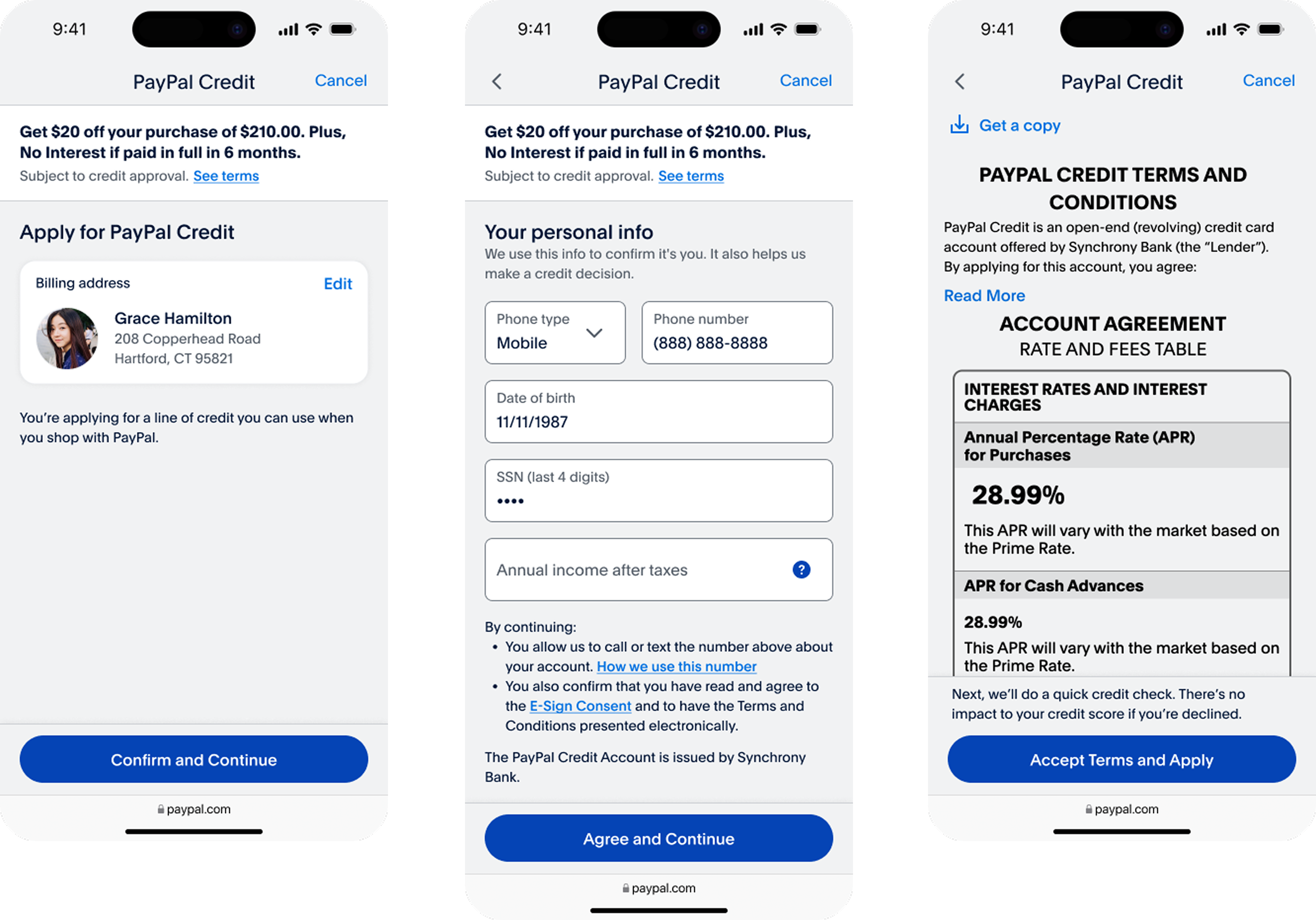 PayPal Credit application screens