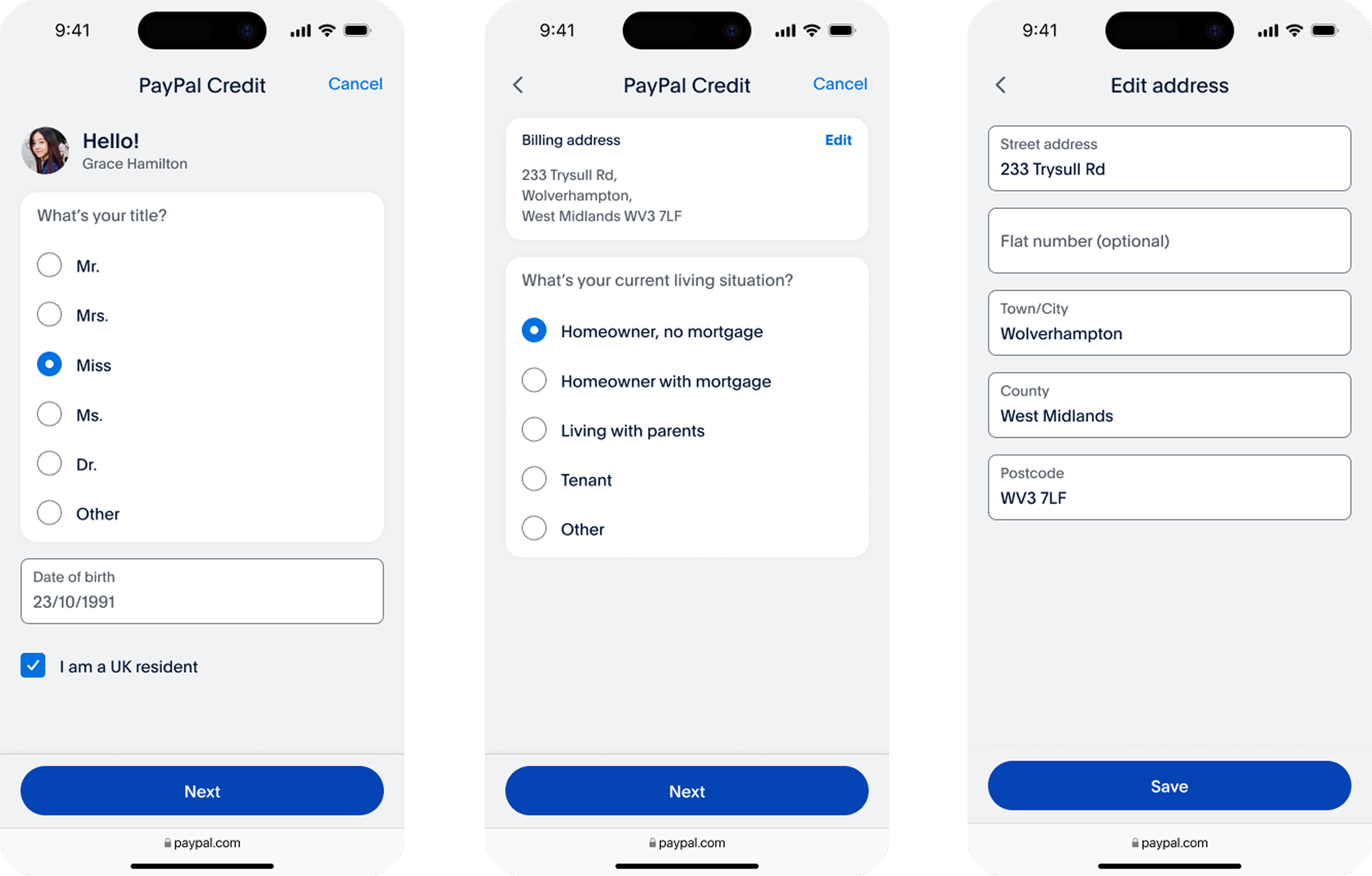 PayPal Credit UK application screens