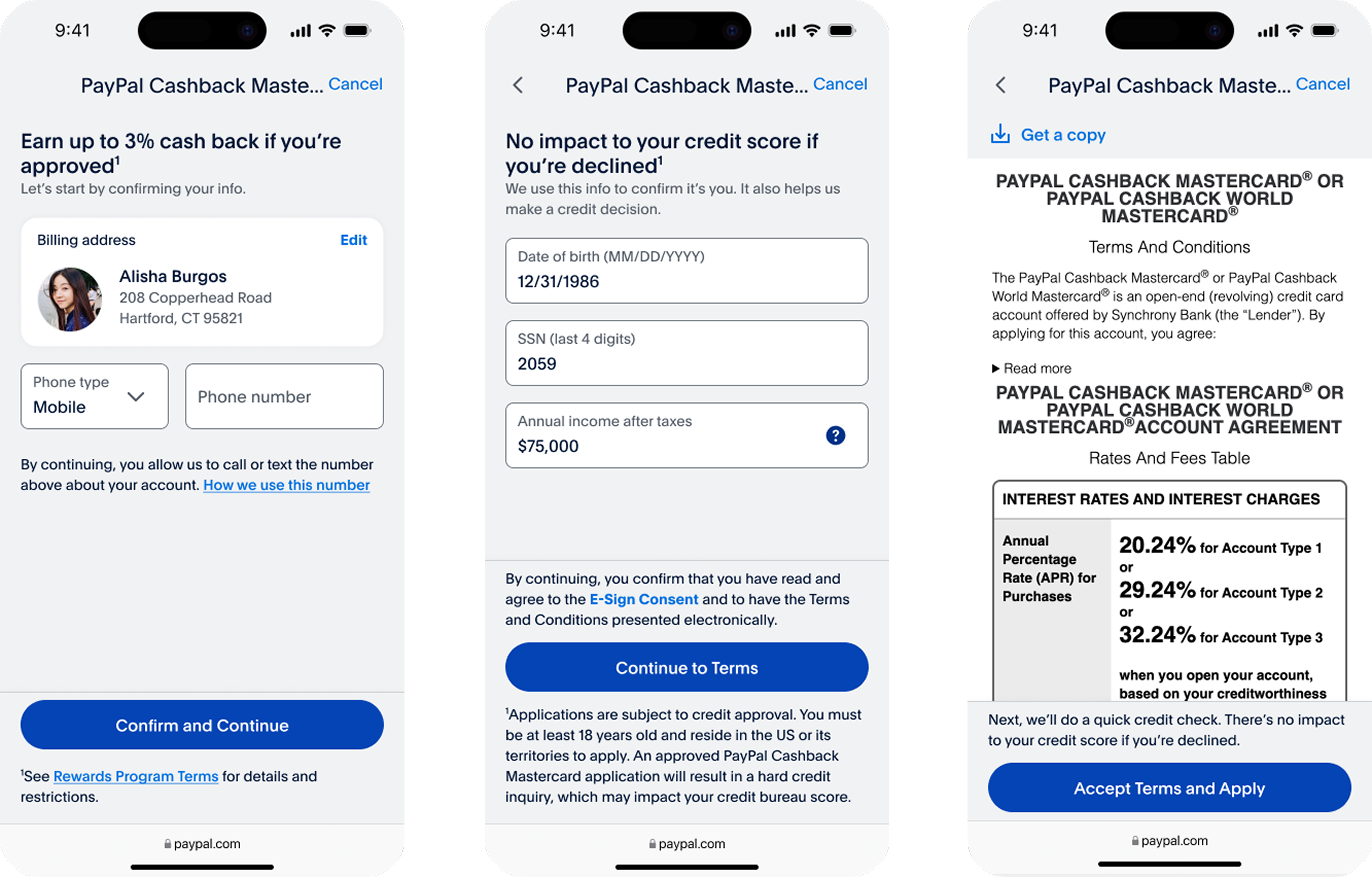PayPal Mastercard application screens