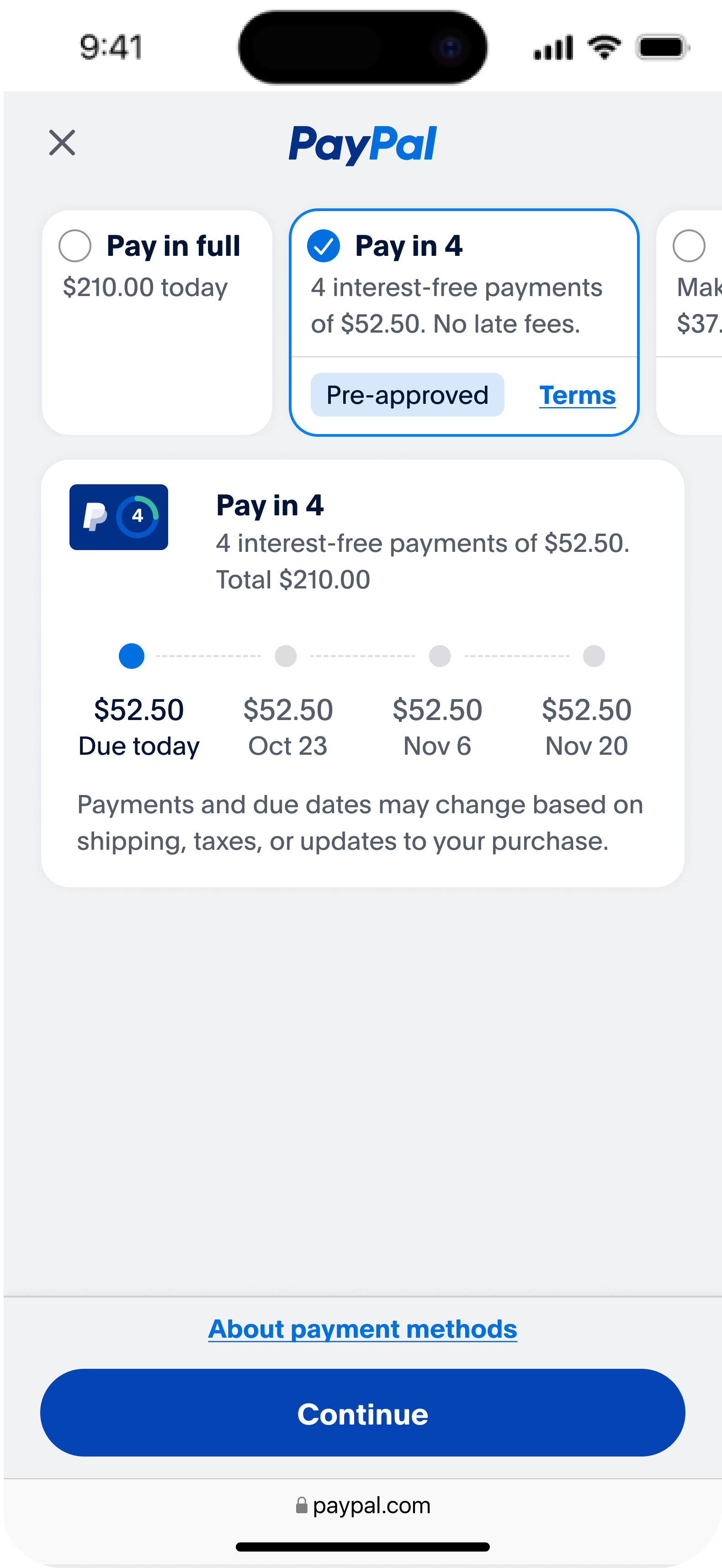 Redesigned Pay in 4, screen one: checkout with Pay in 4 pre-approved, showing four payments of $52.50 and their due dates in place.