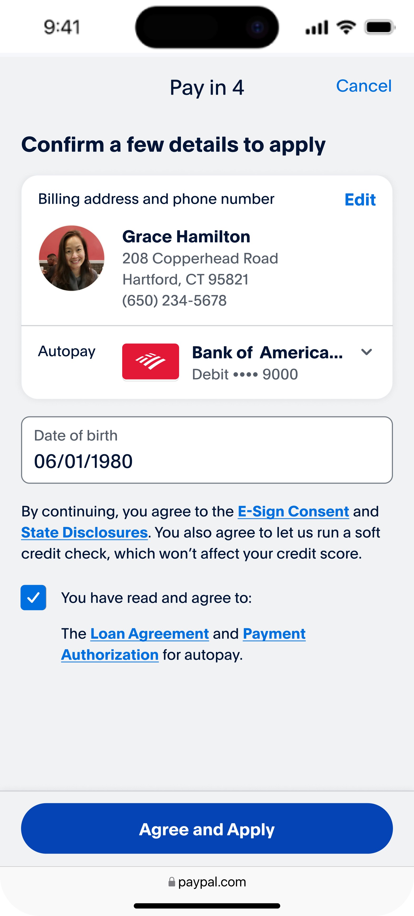 Redesigned Pay in 4, screen two: a single Confirm a few details to apply page holding billing address, autopay, date of birth and the agreements, ending in Agree and Apply.