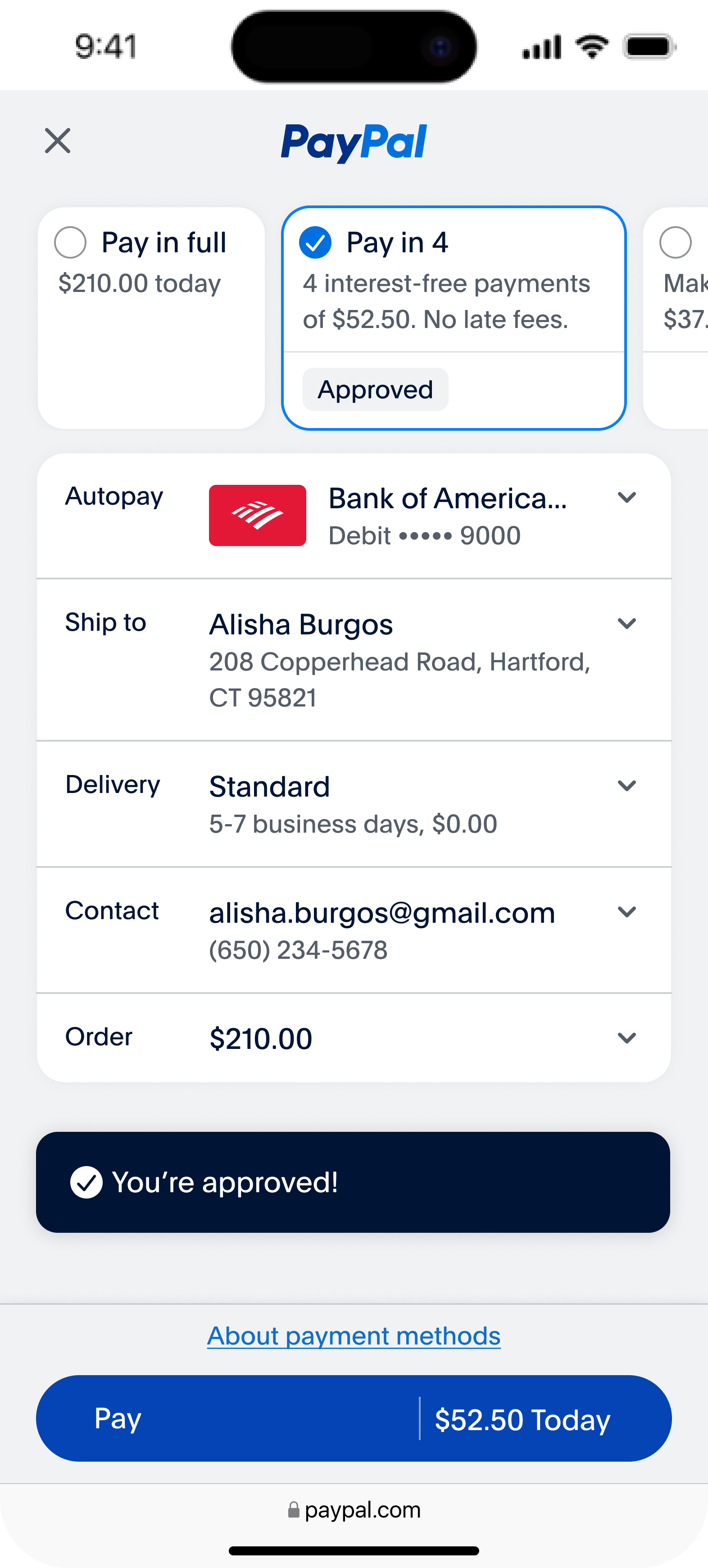 Redesigned Pay in 4, screen three: checkout with Pay in 4 approved, a You are approved confirmation, and a Pay $52.50 Today button.