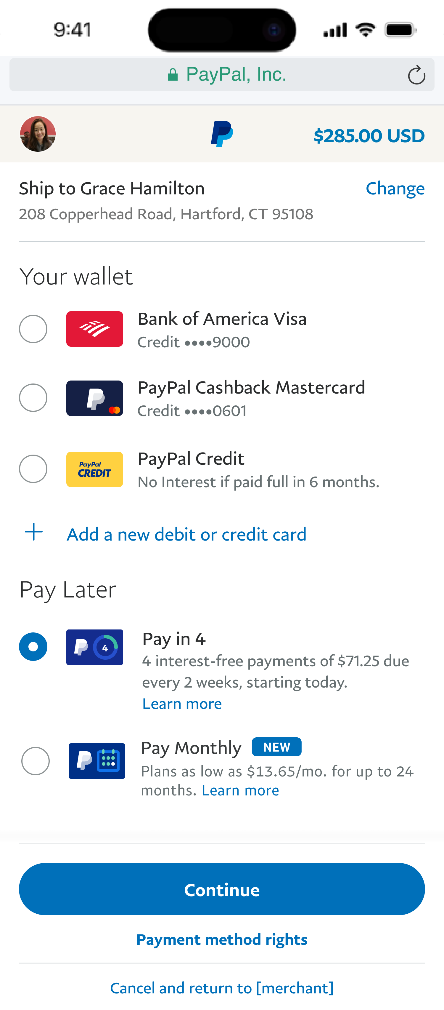 Legacy Pay in 4, screen one: the PayPal checkout wallet, with Pay in 4 chosen under Pay Later.