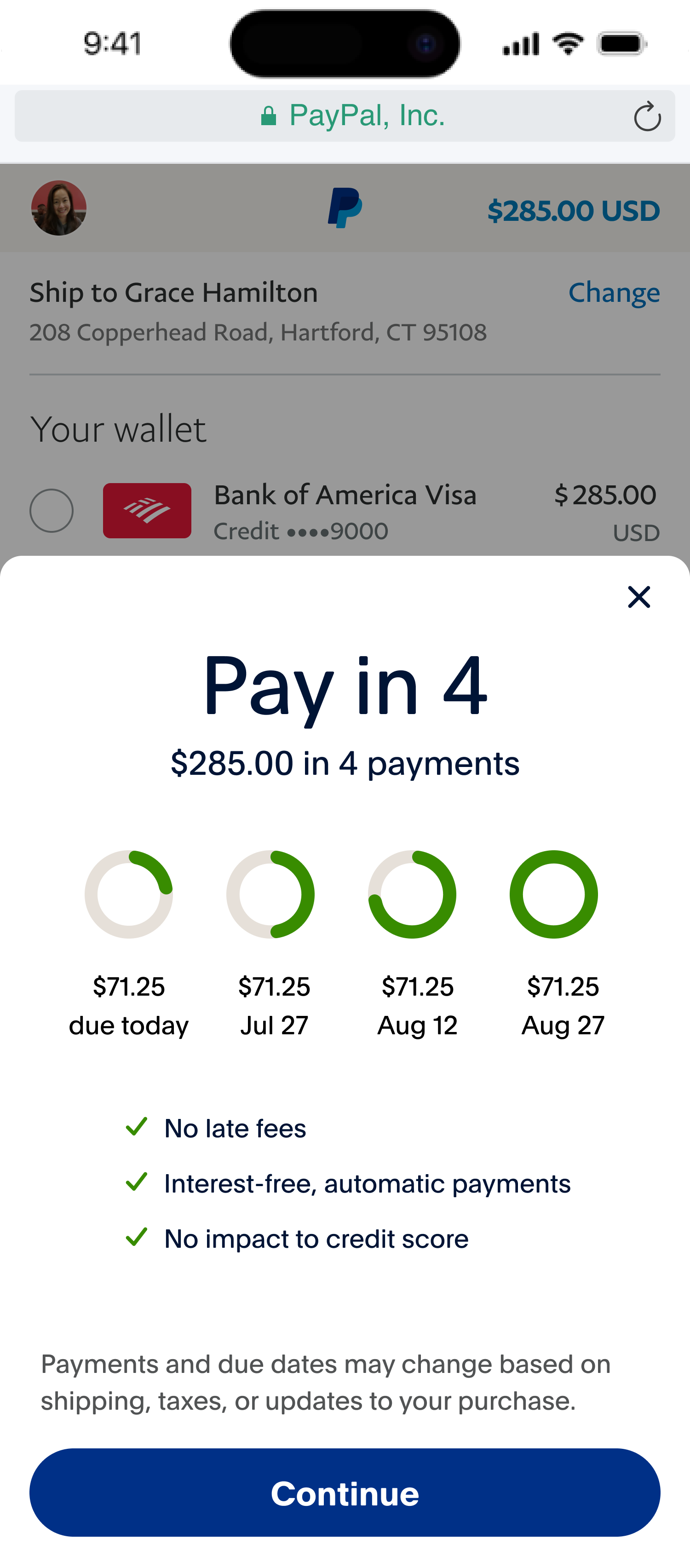 Legacy Pay in 4, screen two: the offer, showing four payments of $71.25 and the terms attached to them.