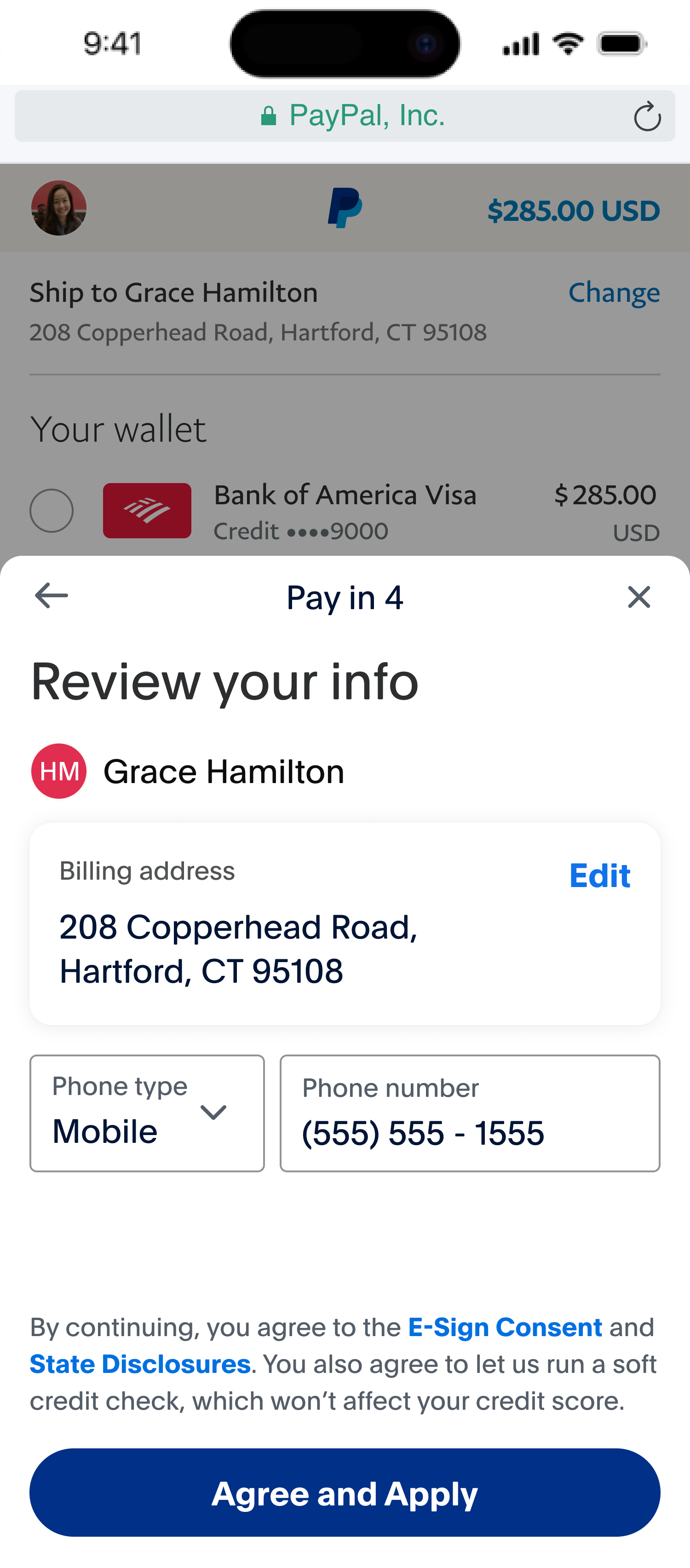 Legacy Pay in 4, screen three: a Review your info step for billing address and phone number, ending in Agree and Apply.