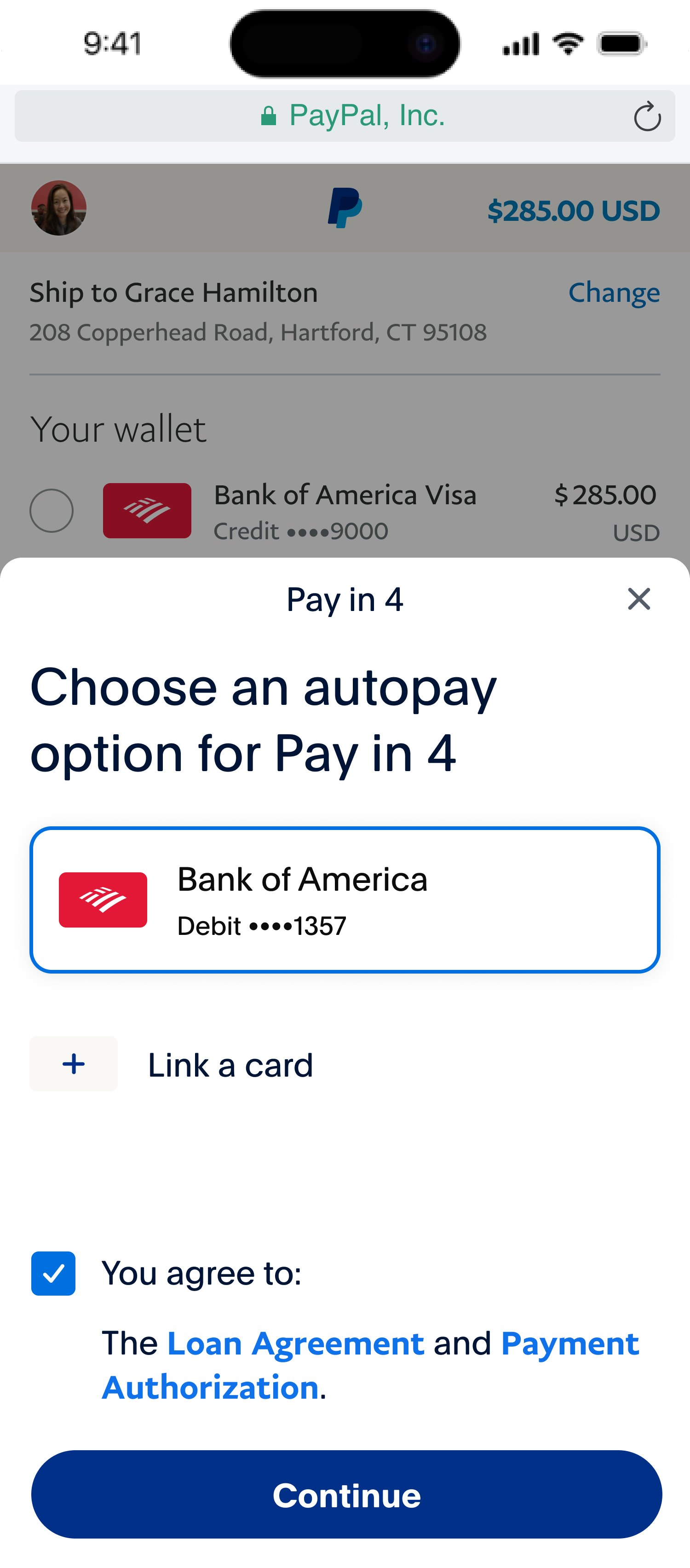 Legacy Pay in 4, screen four: an autopay step for choosing a payment method and accepting the loan agreement.