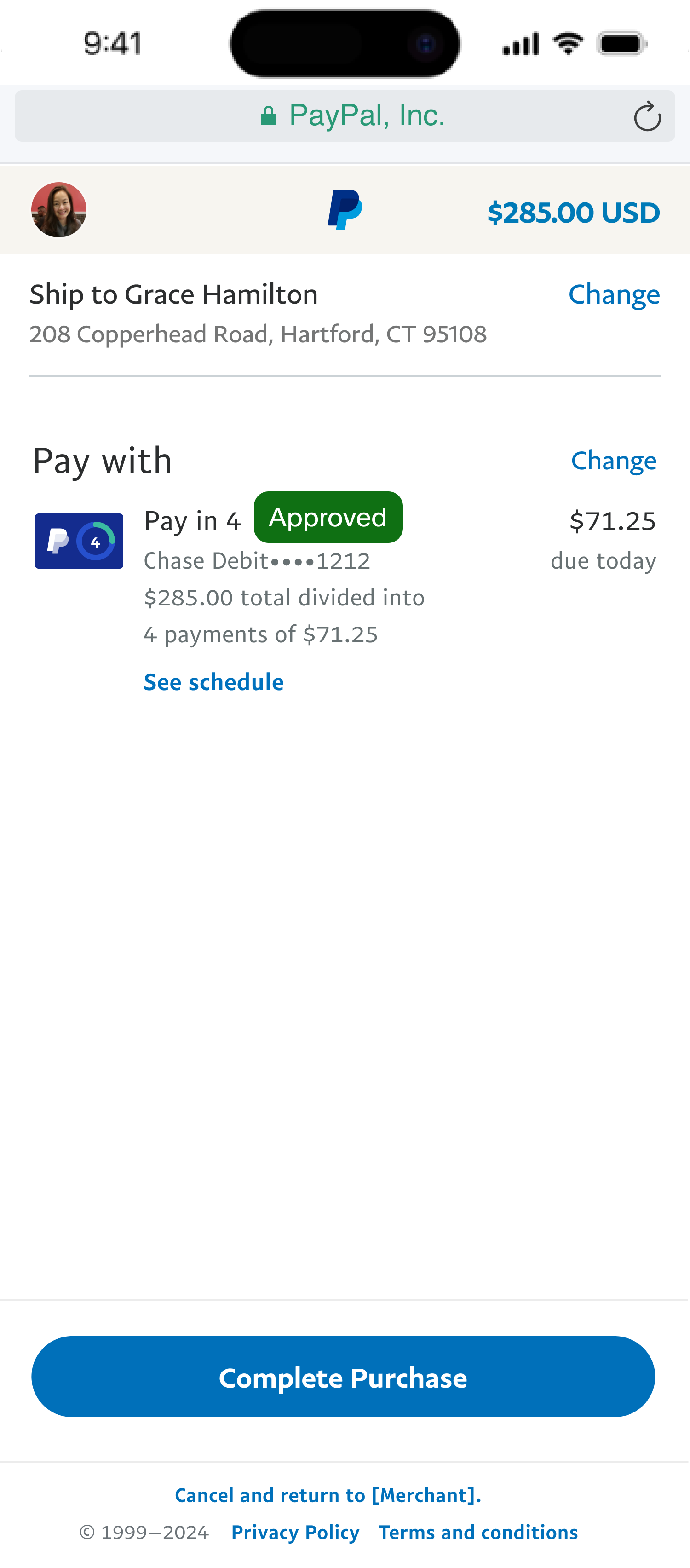 Legacy Pay in 4, screen five: checkout again, with Pay in 4 approved and a Complete Purchase button.