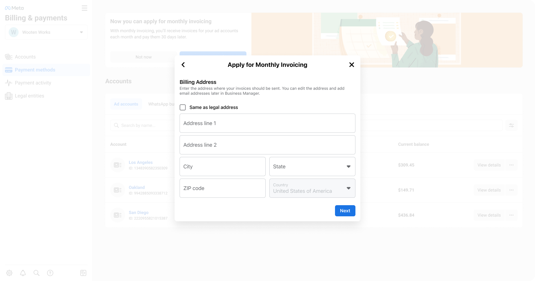 Step 6: a billing address form repeating the same address fields behind a same as legal address checkbox.