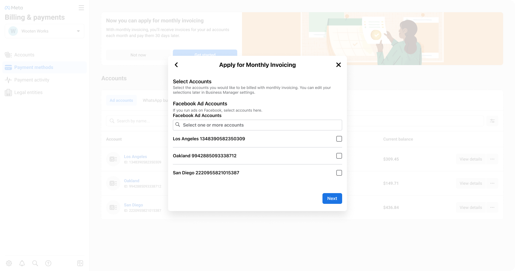 Step 7: selecting which ad accounts the credit line should cover, from a searchable checklist.