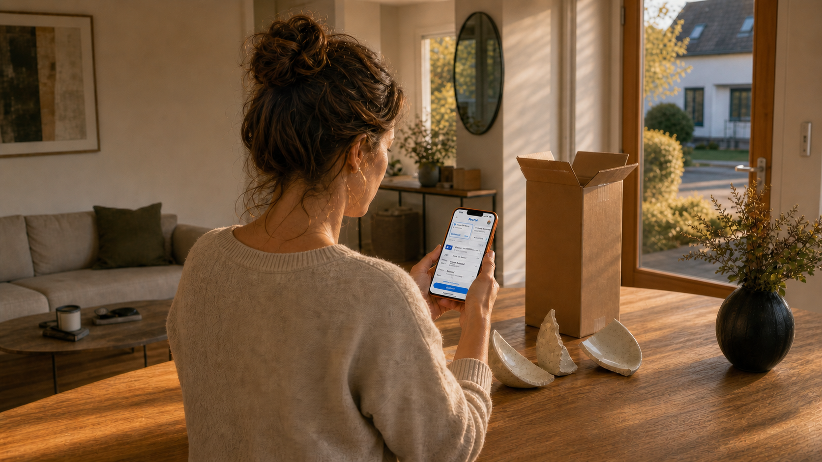A woman inspecting a delivery against the PayPal app on her phone at her kitchen counter.
