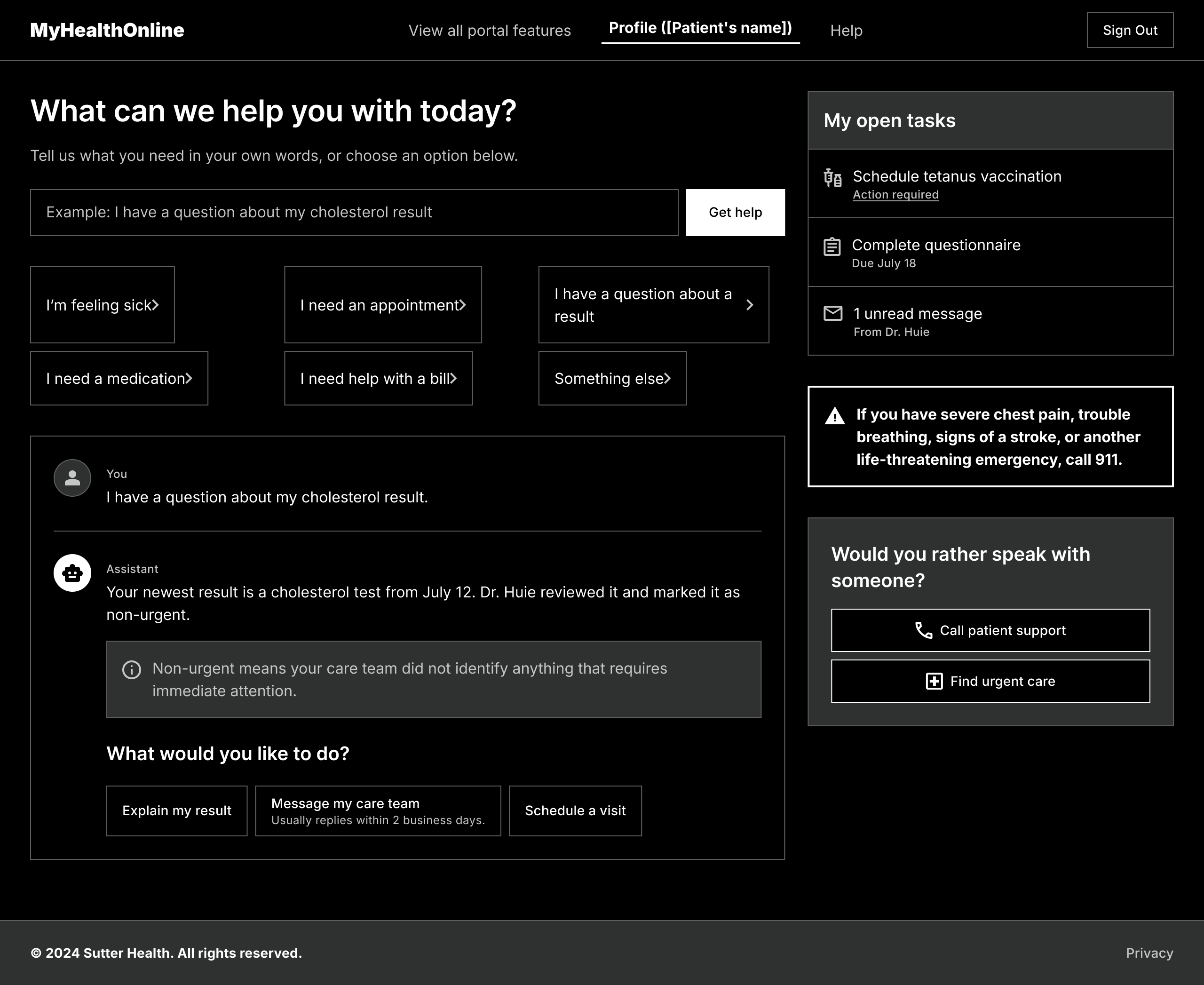 Wireframe of the Guided AI Concierge: a plain-language question box with suggested prompts above a transcript that explains a result and offers what to do next.