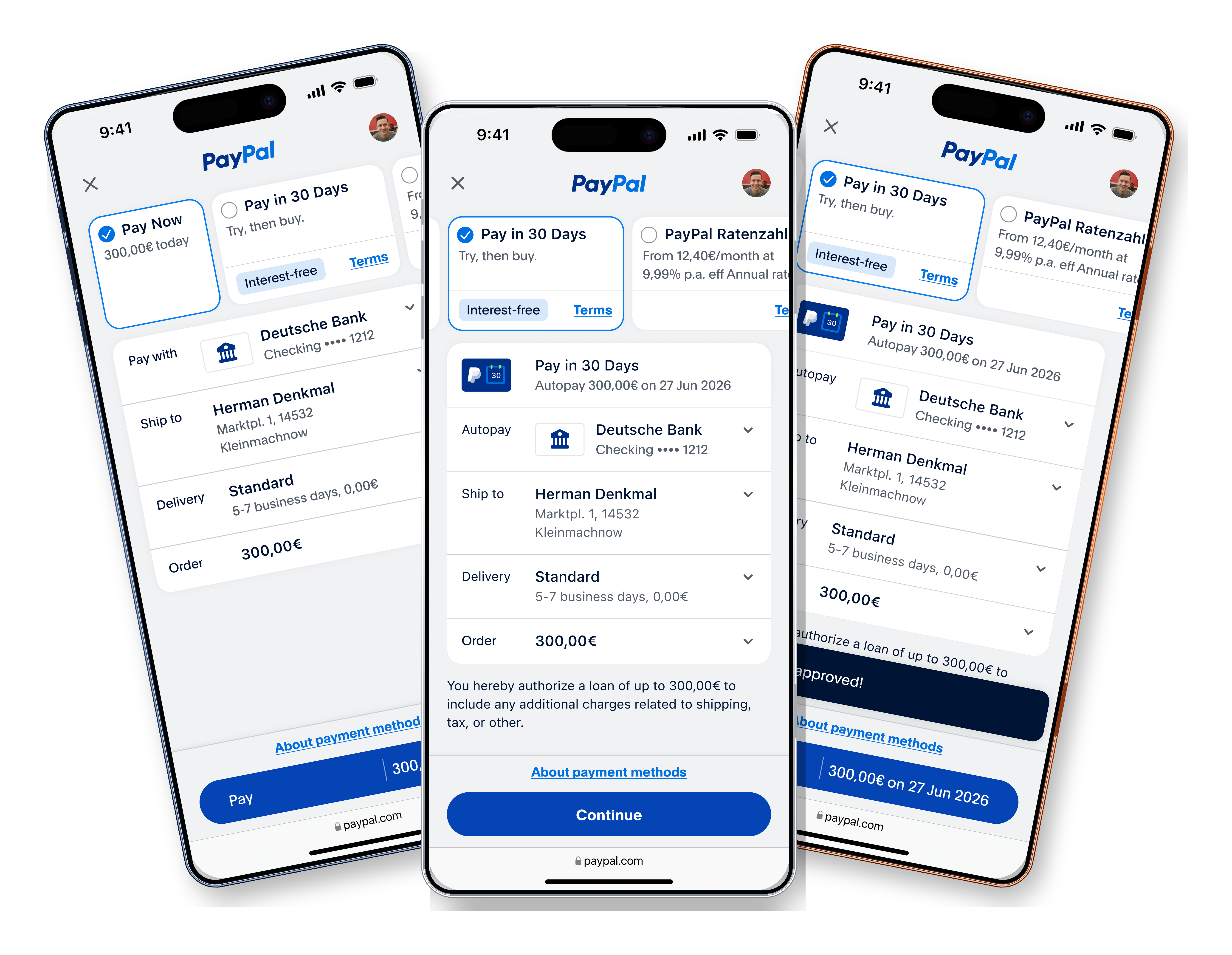 Three iPhones showing the redesigned PayPal checkout: every payment option and its cost visible before choosing, and the loan terms surfaced at the review step just before confirming.