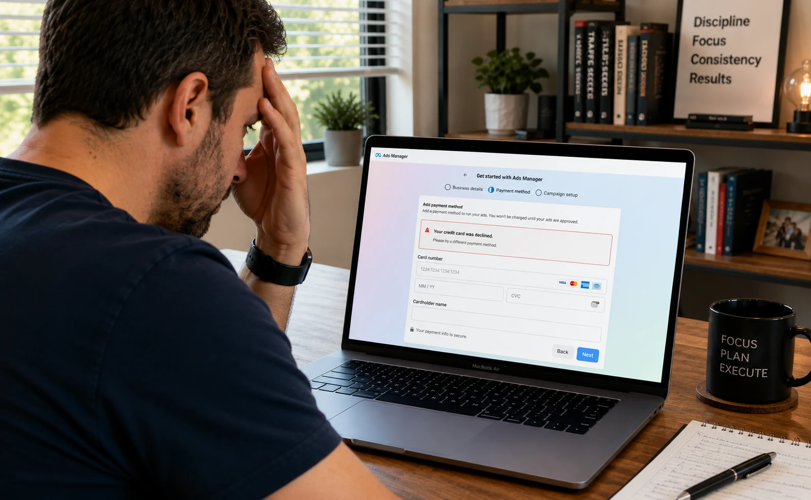 An advertiser slumped at a laptop, one hand to their forehead, as Meta Ads Manager reports that their credit card was declined during setup.