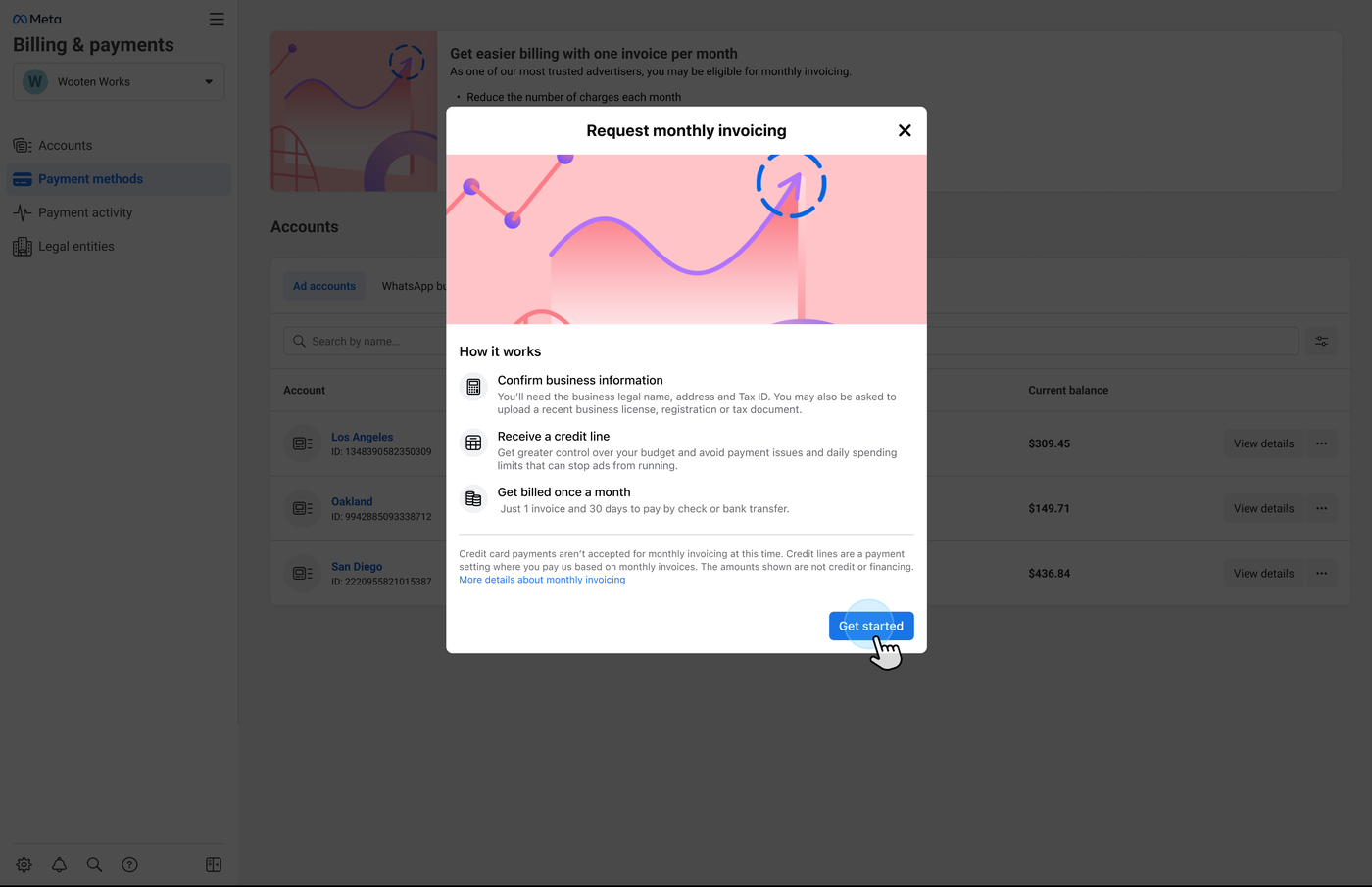 Page 1: a request monthly invoicing dialog explaining that the advertiser confirms their business information, receives a credit line, and is billed once a month.
