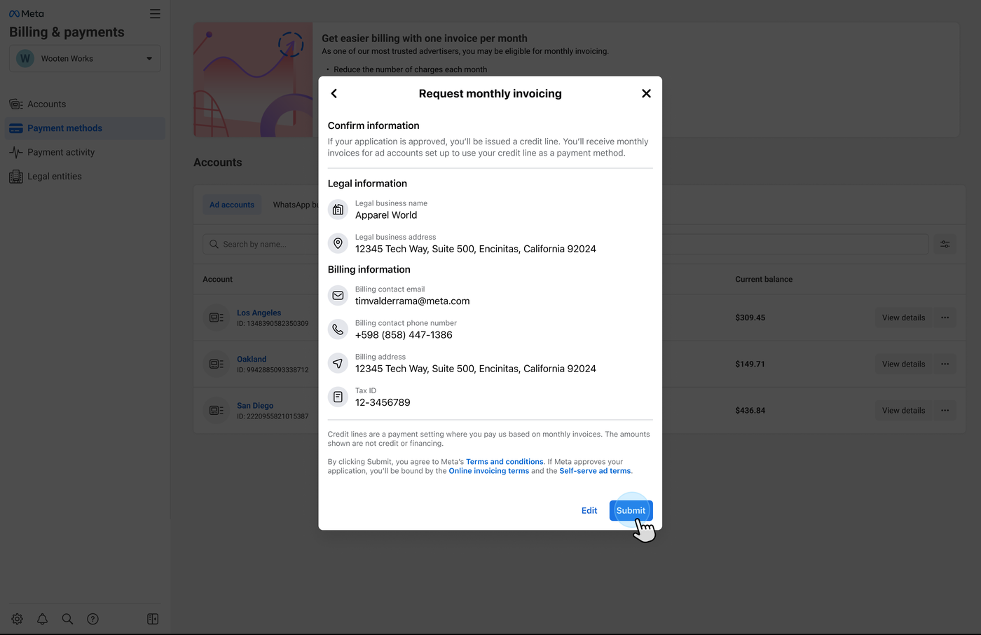 Page 2: legal and billing information already filled in from Meta's records, with a single edit control beside the submit button.