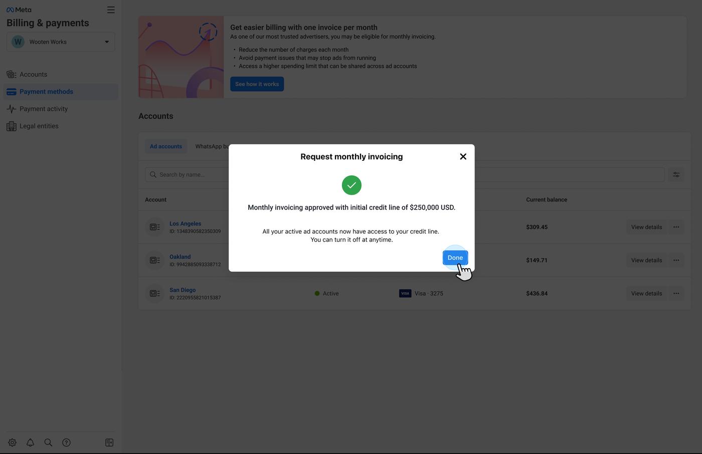 Page 3: an approval notice confirming an initial credit line and telling the advertiser their active ad accounts can now use it.