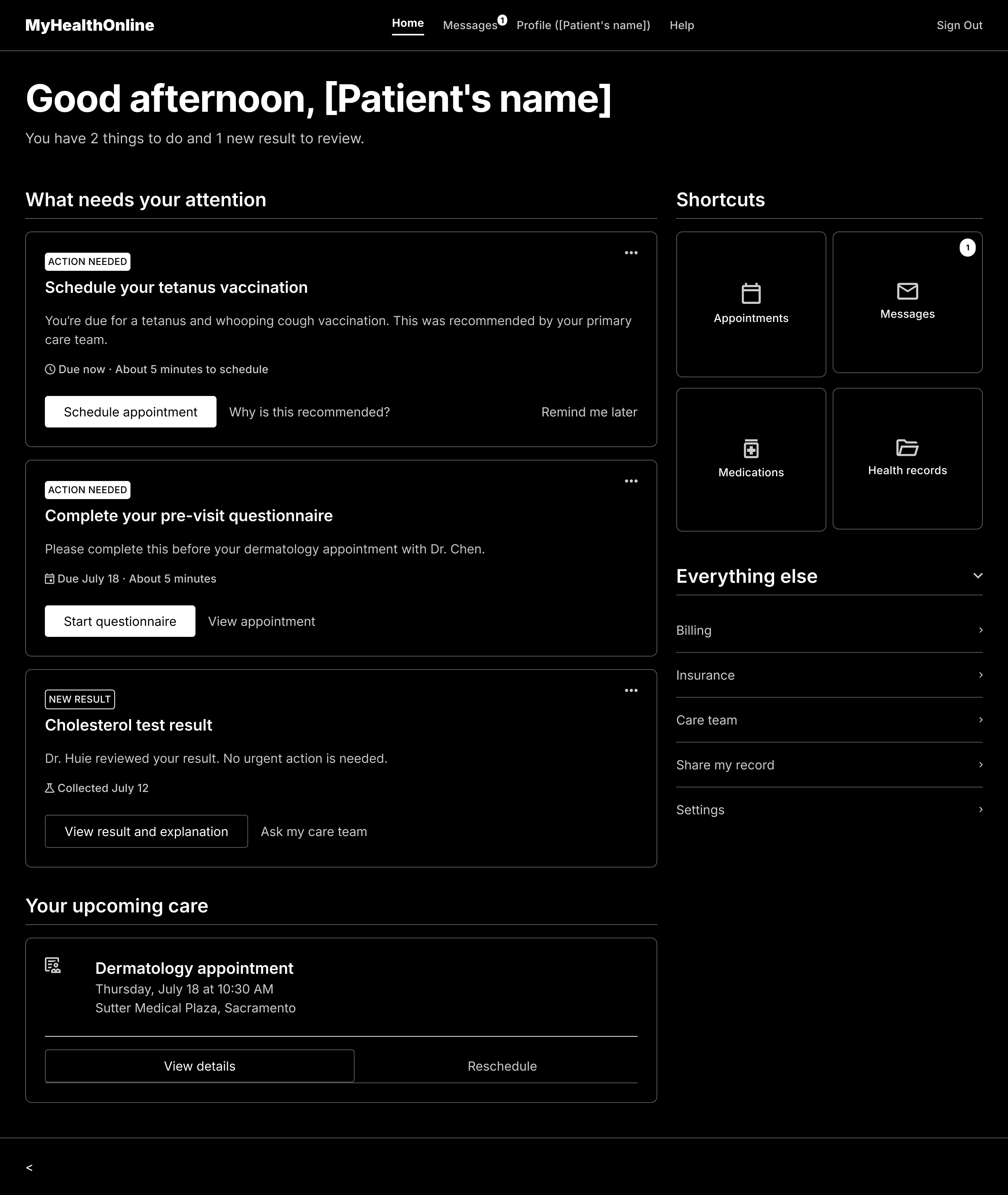 Wireframe of the Next Best Action dashboard: a prioritised list of what needs attention, each item carrying its own next step, beside shortcuts and a collapsed menu for everything else.