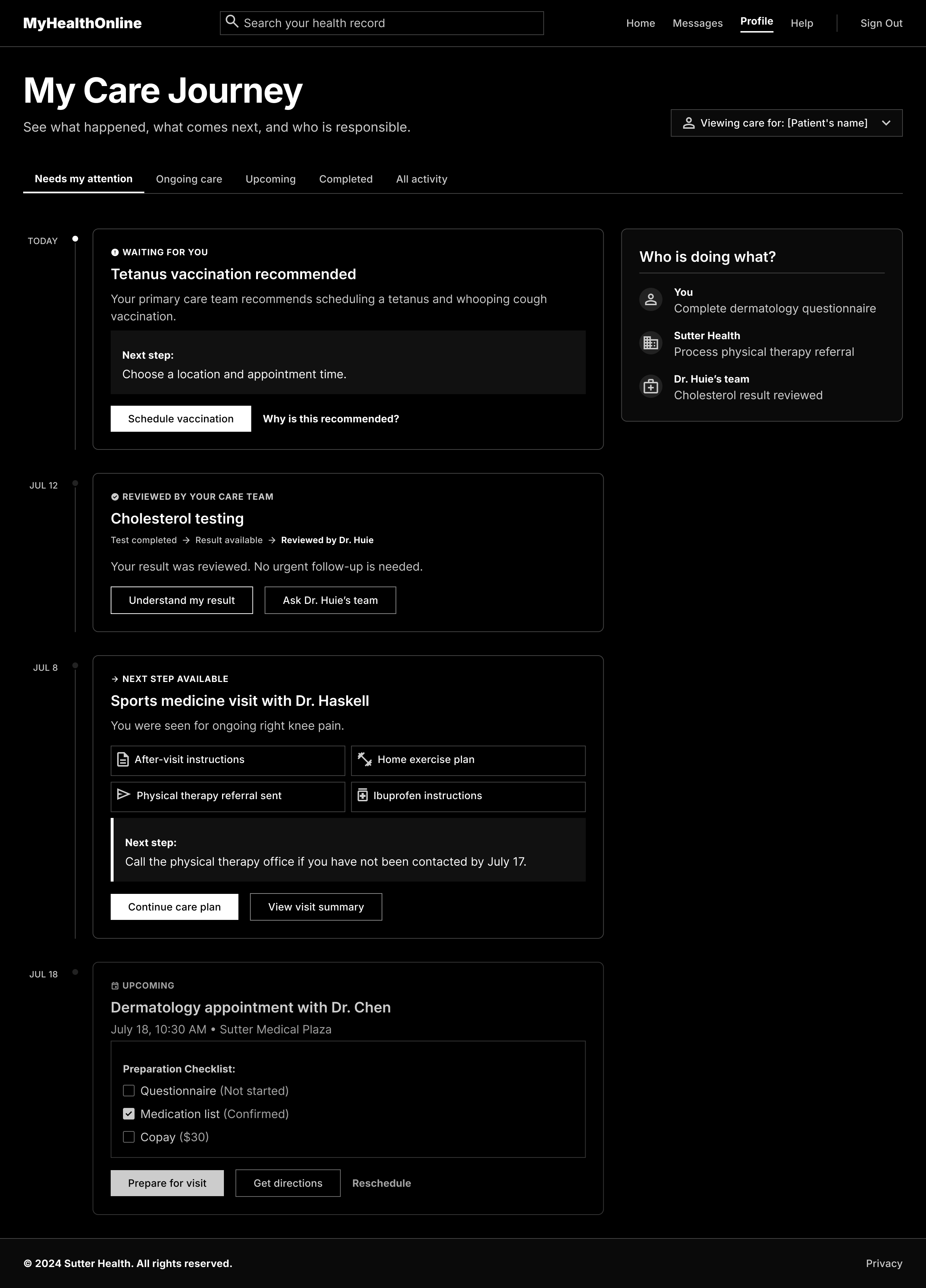 Wireframe of the Patient Care Journey: a dated timeline of visits, results and next steps, with a panel naming who is responsible for each one.