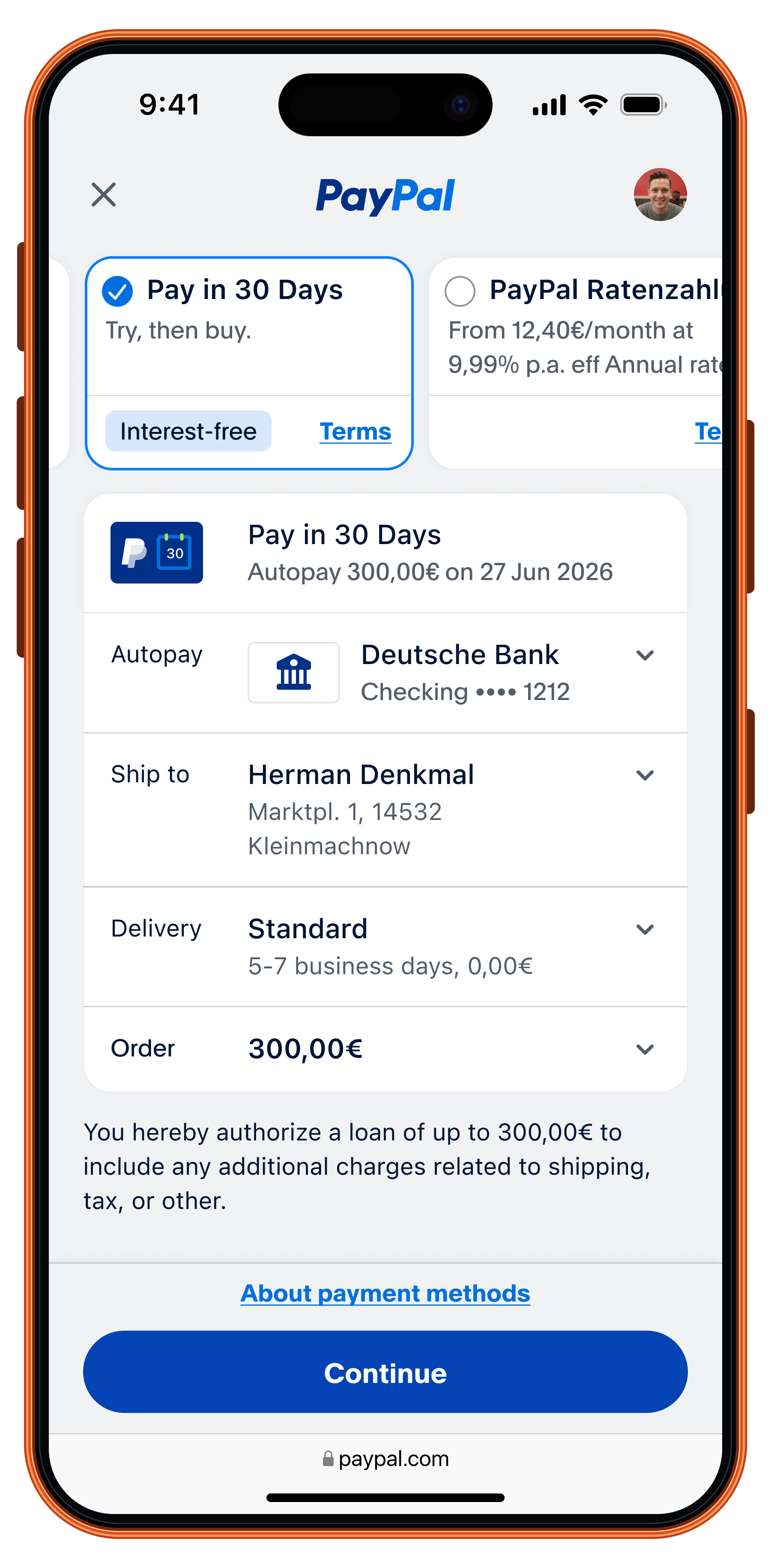 Pay in 30 Days selected in PayPal checkout on an iPhone, with interest-free terms and the order total shown before confirming.