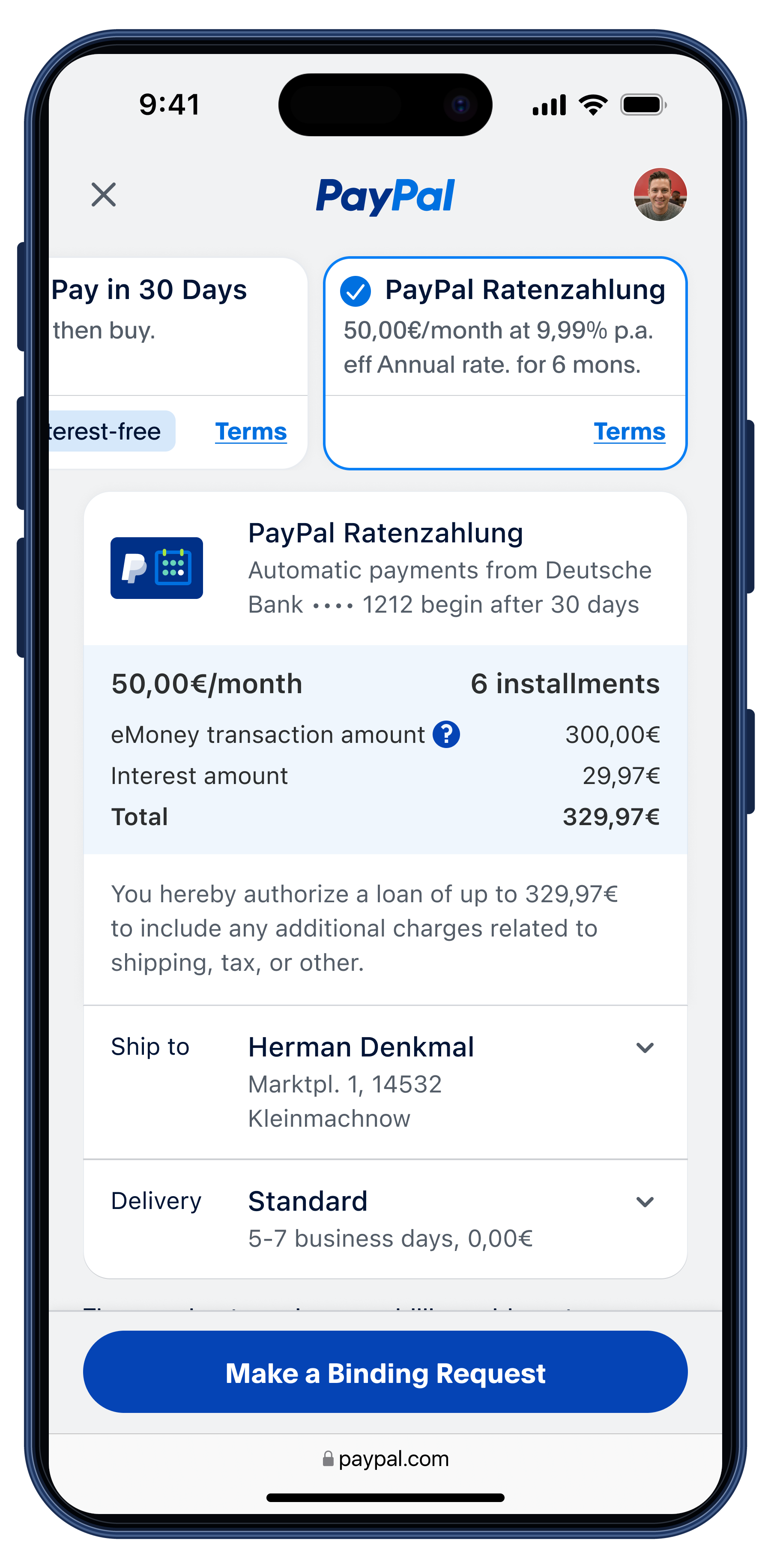 The PayPal Ratenzahlung review screen on an iPhone, breaking out the monthly installment, the transaction amount, the interest, and the total before the button that makes a binding request.