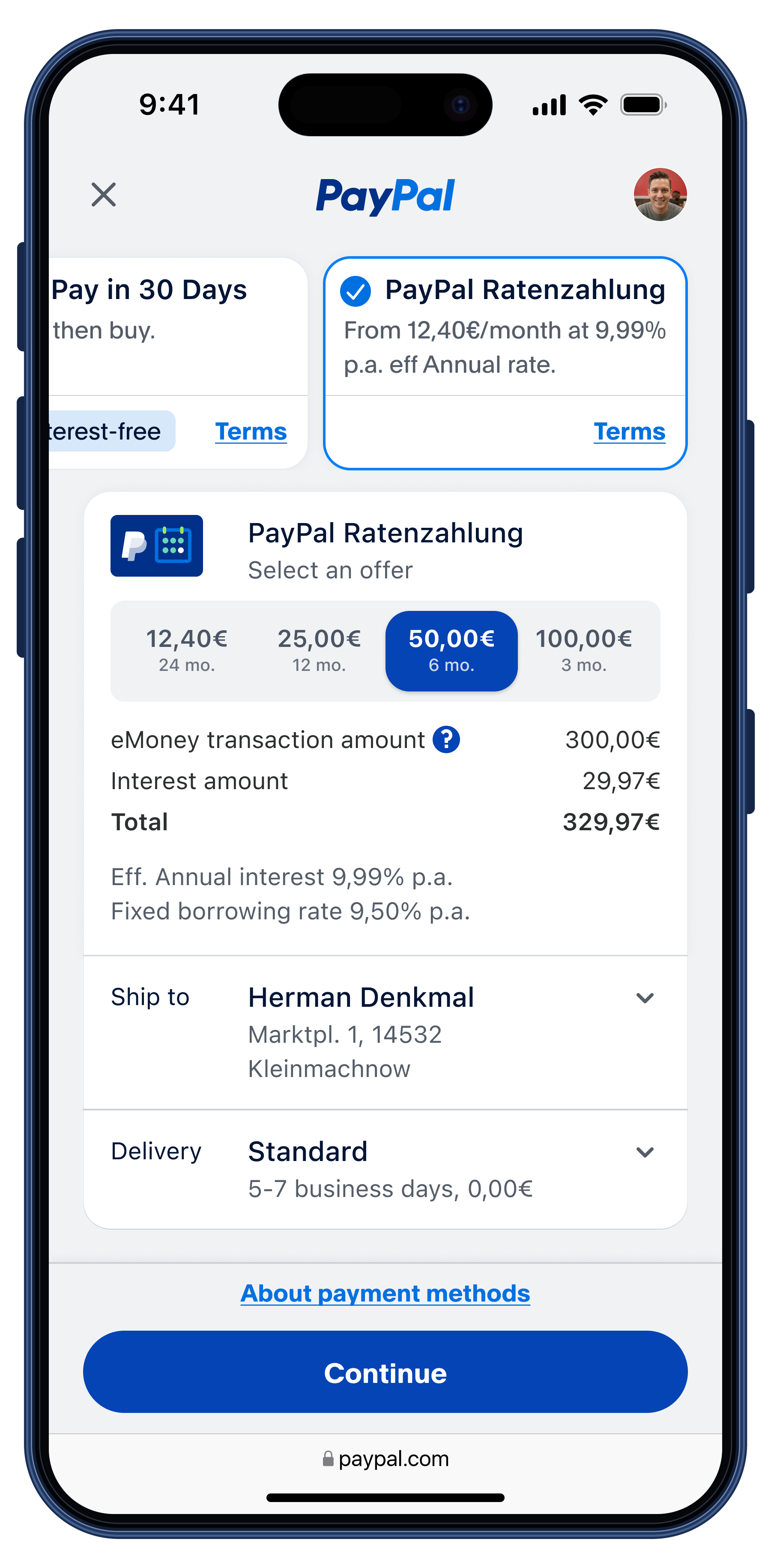 PayPal Ratenzahlung selected in PayPal checkout on an iPhone, with installment terms and the monthly cost shown before confirming.