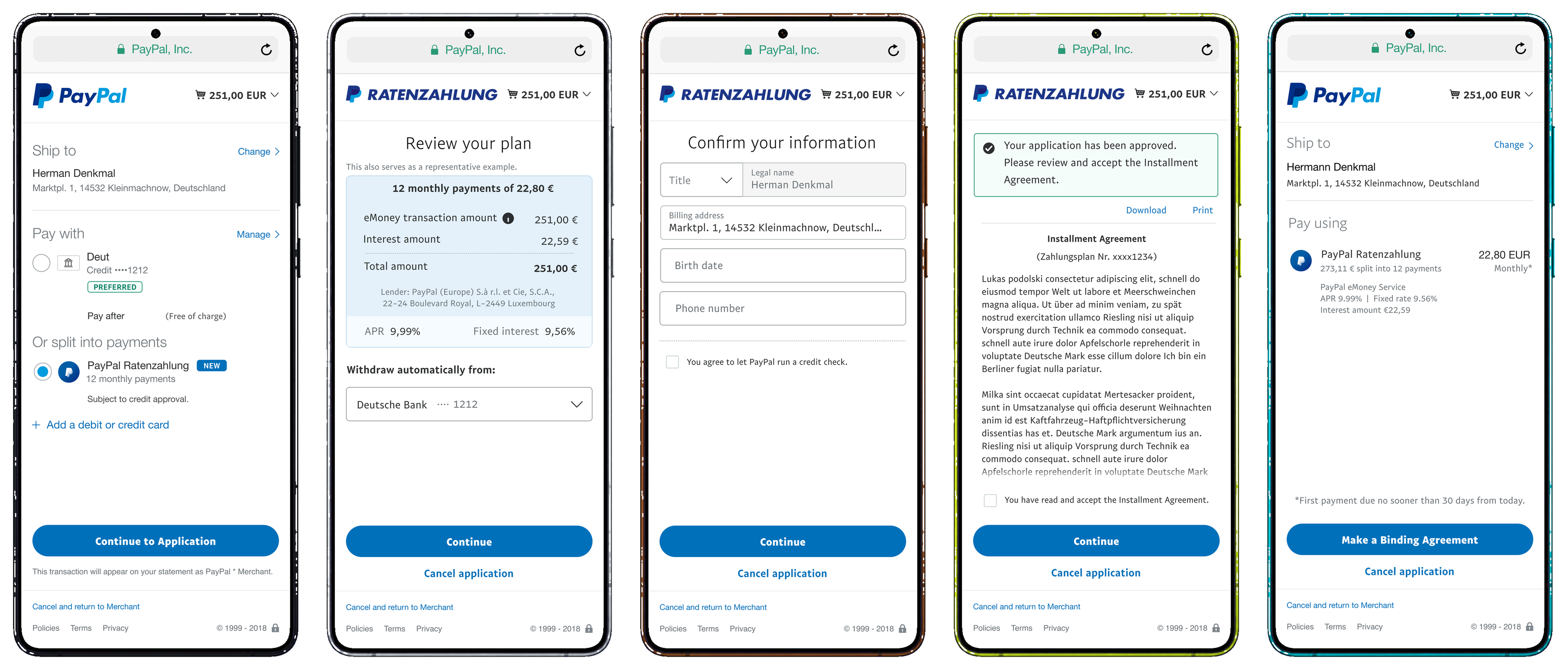 Five Android phones in a row, each showing one page of the legacy four-page Ratenzahlung application.