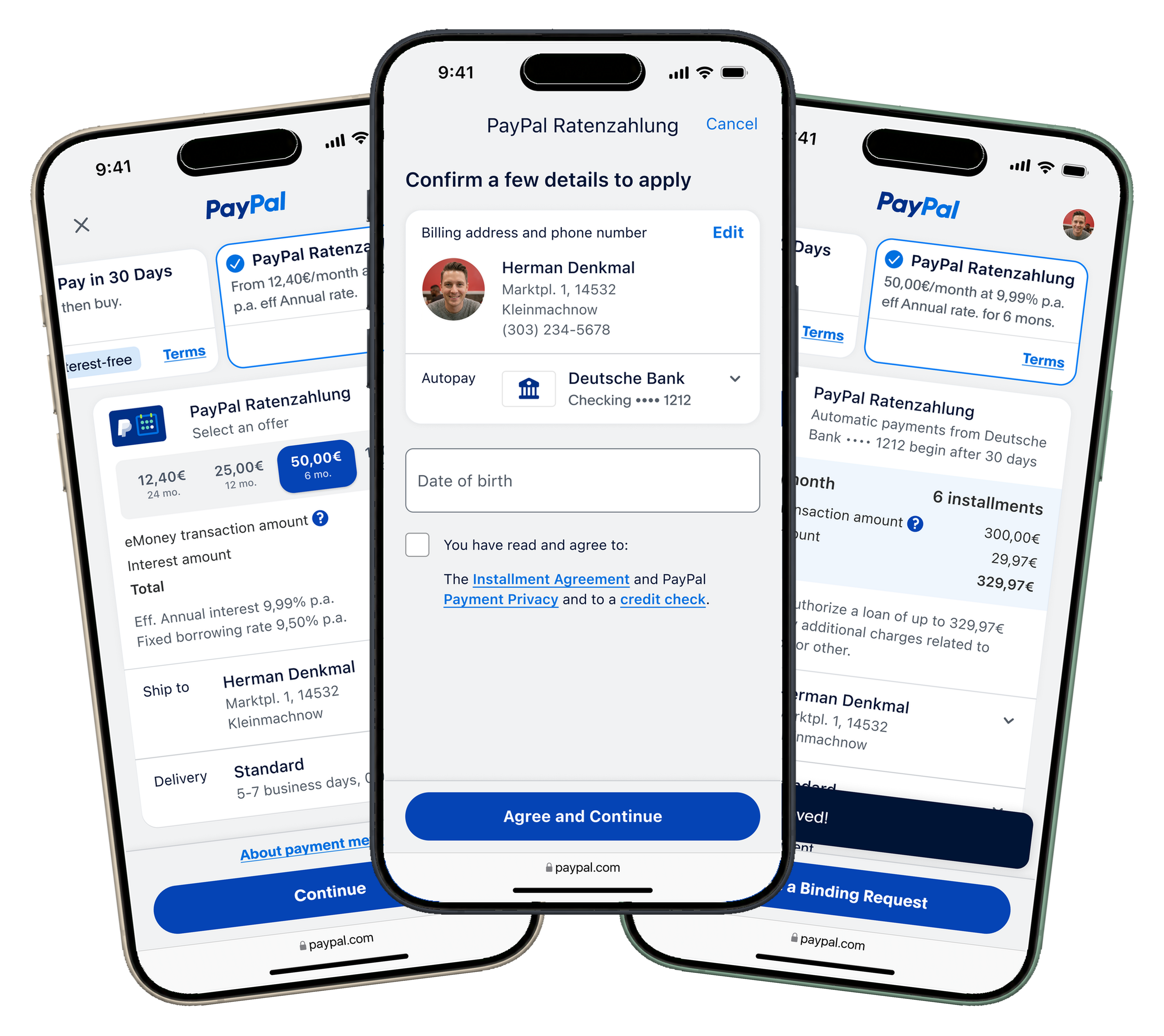 Three iPhones fanned out, showing the redesigned Ratenzahlung application as a single page.